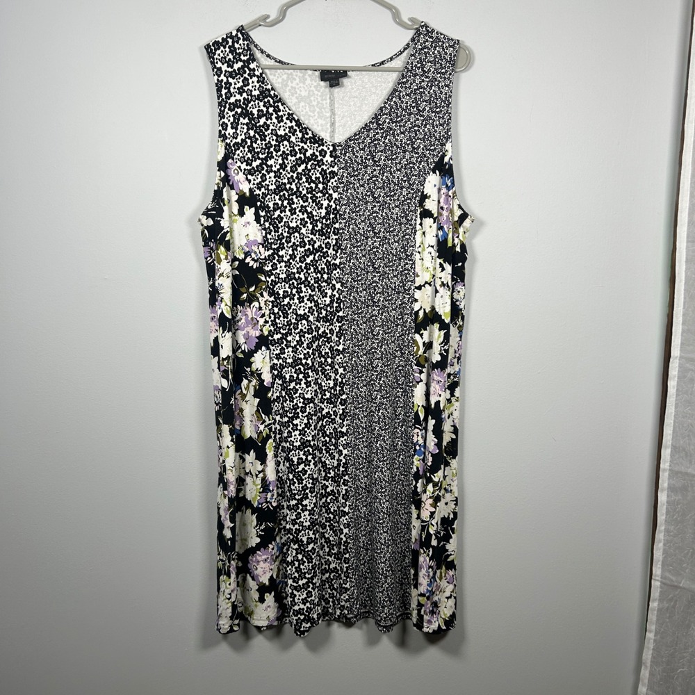 J. Jill Wearever Dress Women's XL Black White Mixed Floral Sleeveless Casual